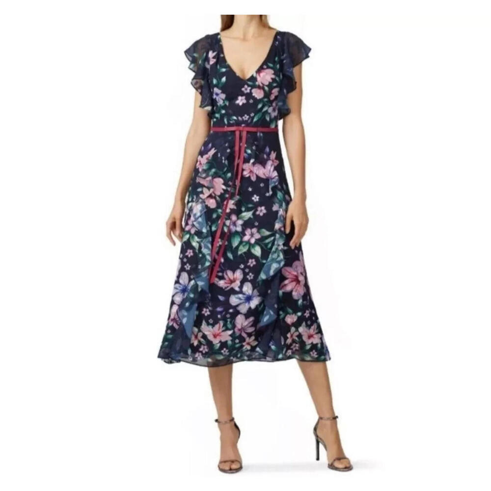 Marchesa Notte Navy Floral Midi Dress with Pink Accents